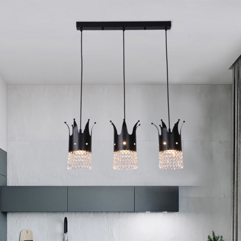 3 Bulbs Crown Island Lighting Modern Black Linear/Round Canopy Metal Multi Hanging Lamp Kit with Crystal Droplets Clearhalo 'Ceiling Lights' 'Modern Pendants' 'Modern' 'Pendant Lights' 'Pendants' Lighting' 1451787