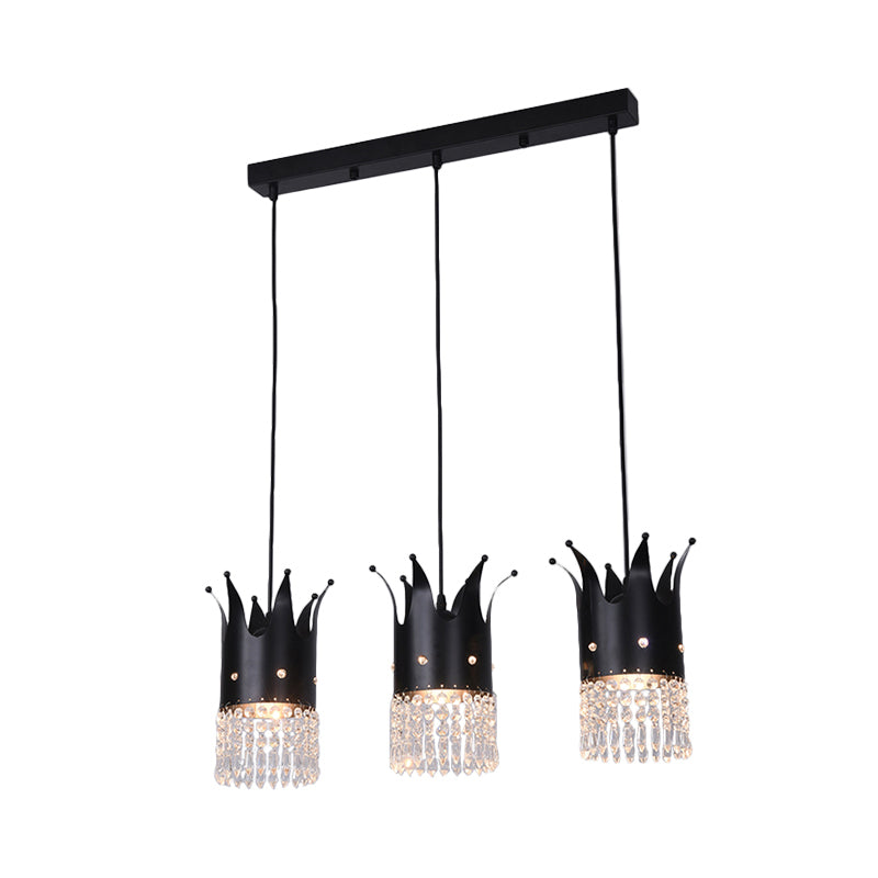 3 Bulbs Crown Island Lighting Modern Black Linear/Round Canopy Metal Multi Hanging Lamp Kit with Crystal Droplets Clearhalo 'Ceiling Lights' 'Modern Pendants' 'Modern' 'Pendant Lights' 'Pendants' Lighting' 1451788