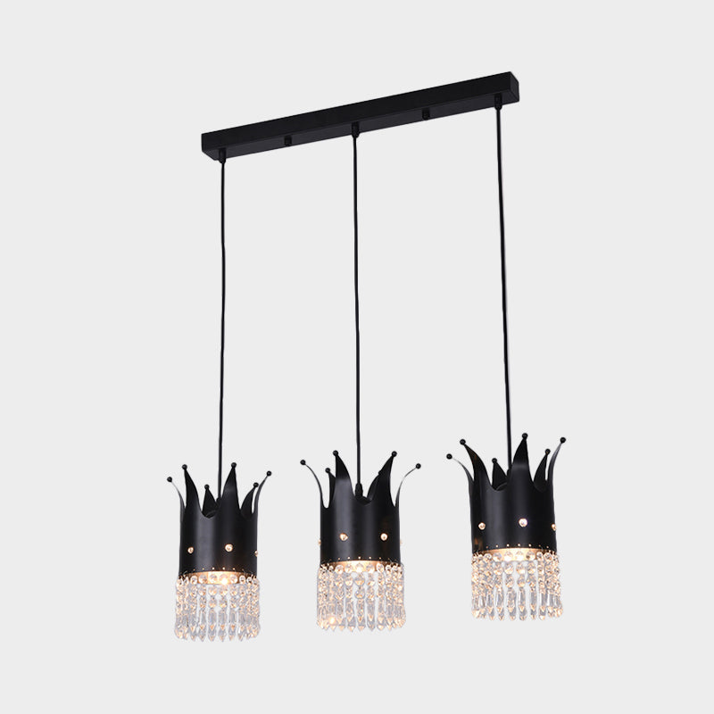 3 Bulbs Crown Island Lighting Modern Black Linear/Round Canopy Metal Multi Hanging Lamp Kit with Crystal Droplets Clearhalo 'Ceiling Lights' 'Modern Pendants' 'Modern' 'Pendant Lights' 'Pendants' Lighting' 1451789