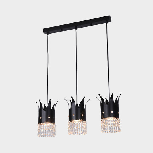 3 Bulbs Crown Island Lighting Modern Black Linear/Round Canopy Metal Multi Hanging Lamp Kit with Crystal Droplets Clearhalo 'Ceiling Lights' 'Modern Pendants' 'Modern' 'Pendant Lights' 'Pendants' Lighting' 1451789