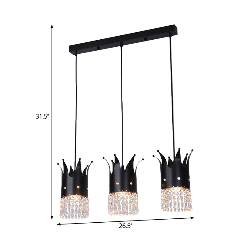 3 Bulbs Crown Island Lighting Modern Black Linear/Round Canopy Metal Multi Hanging Lamp Kit with Crystal Droplets Clearhalo 'Ceiling Lights' 'Modern Pendants' 'Modern' 'Pendant Lights' 'Pendants' Lighting' 1451790