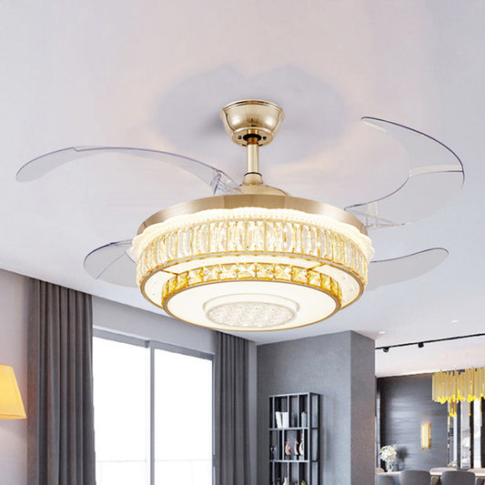 4 Blades LED Ceiling Fan Lamp Contemporary Circular Clear Crystal Blocks Semi Flush Light in Gold, 42" Width Gold Clearhalo 'Ceiling Fans with Lights' 'Ceiling Fans' 'Modern Ceiling Fans' 'Modern' Lighting' 1451791