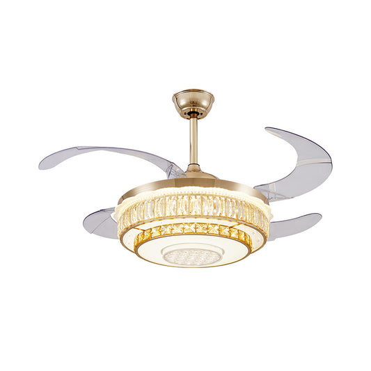 4 Blades LED Ceiling Fan Lamp Contemporary Circular Clear Crystal Blocks Semi Flush Light in Gold, 42" Width Clearhalo 'Ceiling Fans with Lights' 'Ceiling Fans' 'Modern Ceiling Fans' 'Modern' Lighting' 1451793