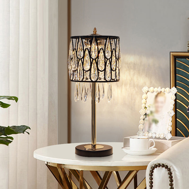 Metal Black/Gold/Champagne Nightstand Lamp Drum Shade 1 Head Contemporary Table Light with Crystal Raindrops Encrusted Black Clearhalo 'Lamps' 'Table Lamps' Lighting' 1451808