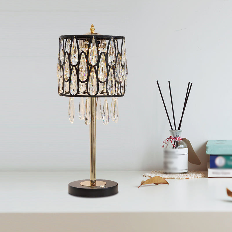 Metal Black/Gold/Champagne Nightstand Lamp Drum Shade 1 Head Contemporary Table Light with Crystal Raindrops Encrusted Clearhalo 'Lamps' 'Table Lamps' Lighting' 1451809