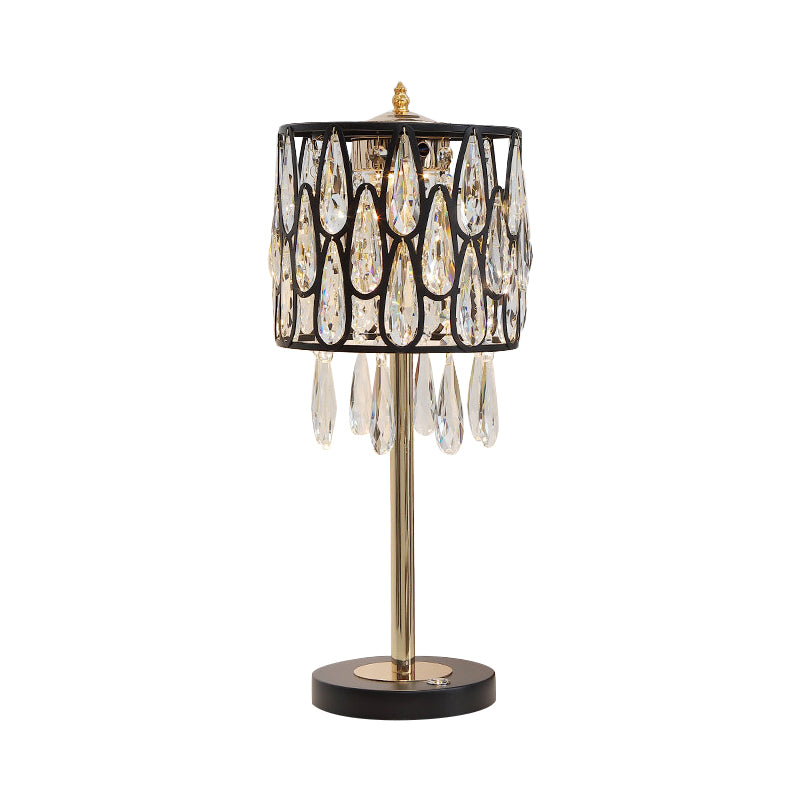 Metal Black/Gold/Champagne Nightstand Lamp Drum Shade 1 Head Contemporary Table Light with Crystal Raindrops Encrusted Clearhalo 'Lamps' 'Table Lamps' Lighting' 1451810