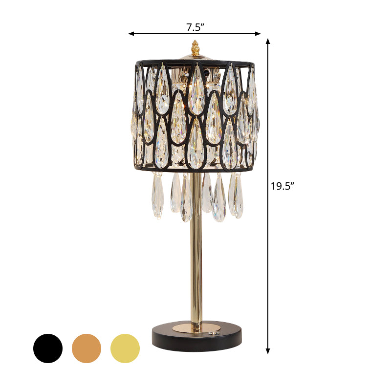 Metal Black/Gold/Champagne Nightstand Lamp Drum Shade 1 Head Contemporary Table Light with Crystal Raindrops Encrusted Clearhalo 'Lamps' 'Table Lamps' Lighting' 1451811