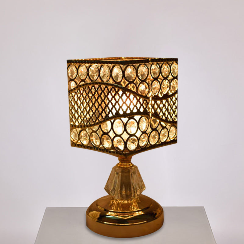 Cylinder/Round/Square Night Table Light Modernism Crystal Encrusted Single Bulb Gold Nightstand Lamp Clearhalo 'Lamps' 'Table Lamps' Lighting' 1451871