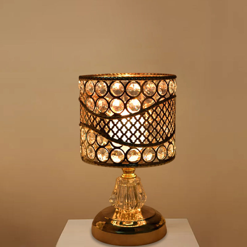 Cylinder/Round/Square Night Table Light Modernism Crystal Encrusted Single Bulb Gold Nightstand Lamp Clearhalo 'Lamps' 'Table Lamps' Lighting' 1451875