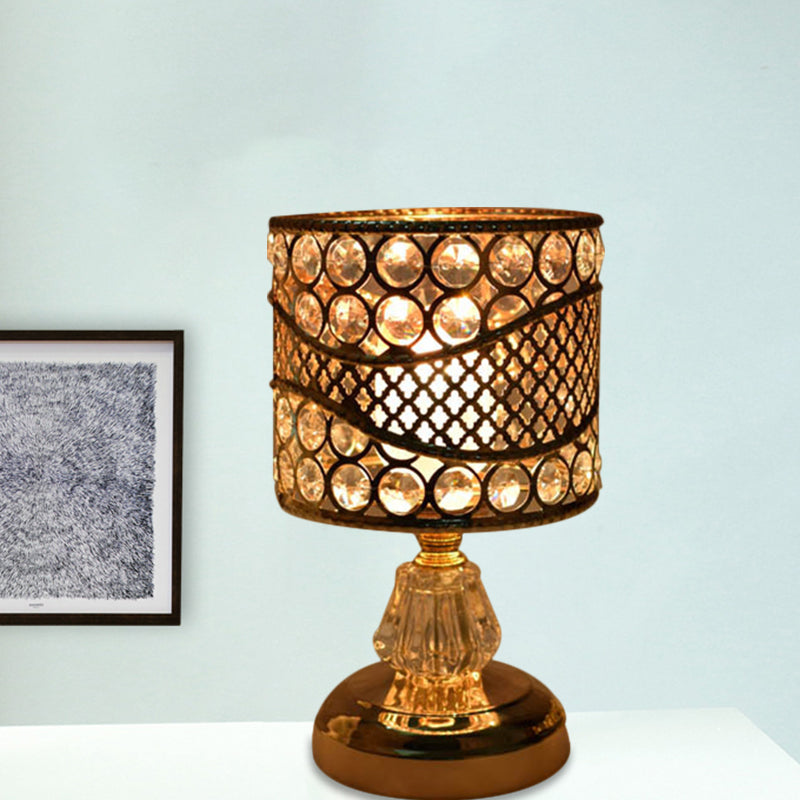 Cylinder/Round/Square Night Table Light Modernism Crystal Encrusted Single Bulb Gold Nightstand Lamp Clearhalo 'Lamps' 'Table Lamps' Lighting' 1451876