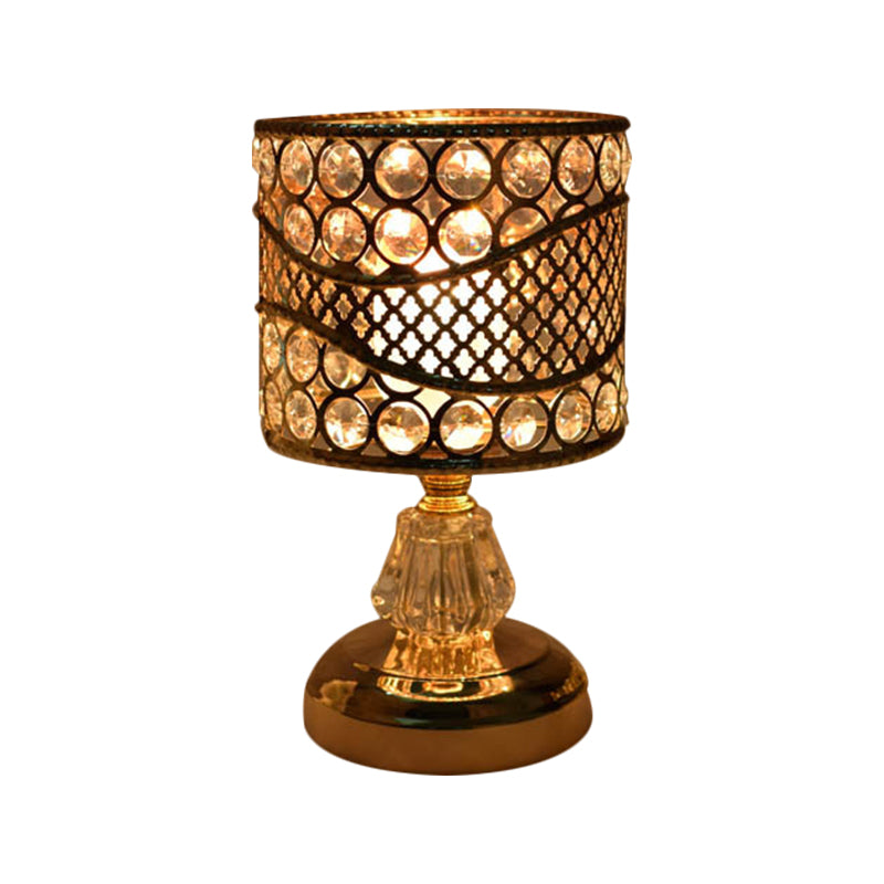 Cylinder/Round/Square Night Table Light Modernism Crystal Encrusted Single Bulb Gold Nightstand Lamp Clearhalo 'Lamps' 'Table Lamps' Lighting' 1451877