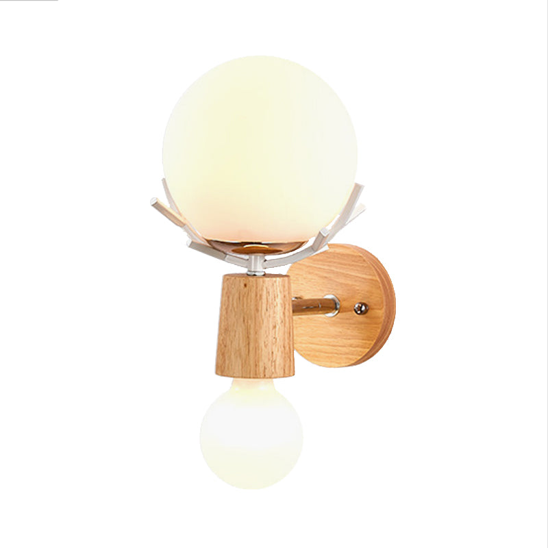 White Globe Sconce Light with Antlers Rustic Wood Glass Wall Lamp with Beige Base for Stair Clearhalo 'Modern wall lights' 'Modern' 'Wall Lamps & Sconces' 'Wall Lights' Lighting' 145203