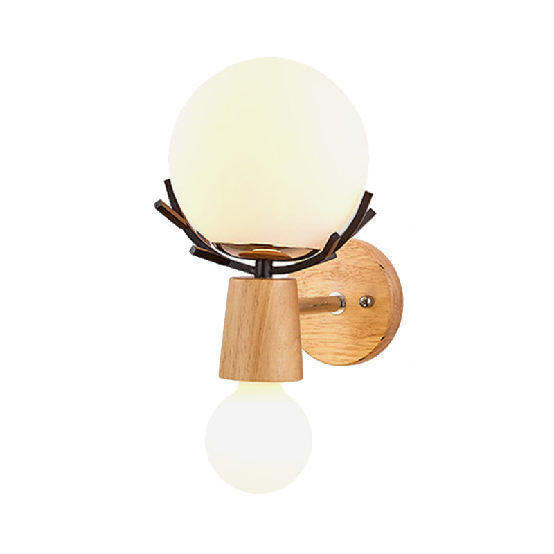 White Globe Sconce Light with Antlers Rustic Wood Glass Wall Lamp with Beige Base for Stair Clearhalo 'Modern wall lights' 'Modern' 'Wall Lamps & Sconces' 'Wall Lights' Lighting' 145205