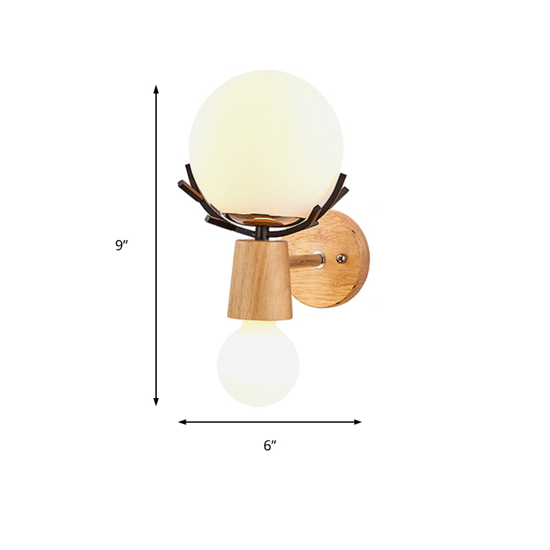 White Globe Sconce Light with Antlers Rustic Wood Glass Wall Lamp with Beige Base for Stair Clearhalo 'Modern wall lights' 'Modern' 'Wall Lamps & Sconces' 'Wall Lights' Lighting' 145206