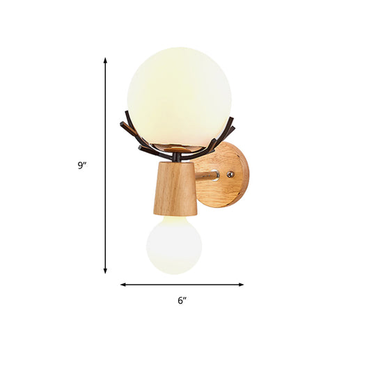 White Globe Sconce Light with Antlers Rustic Wood Glass Wall Lamp with Beige Base for Stair Clearhalo 'Modern wall lights' 'Modern' 'Wall Lamps & Sconces' 'Wall Lights' Lighting' 145206