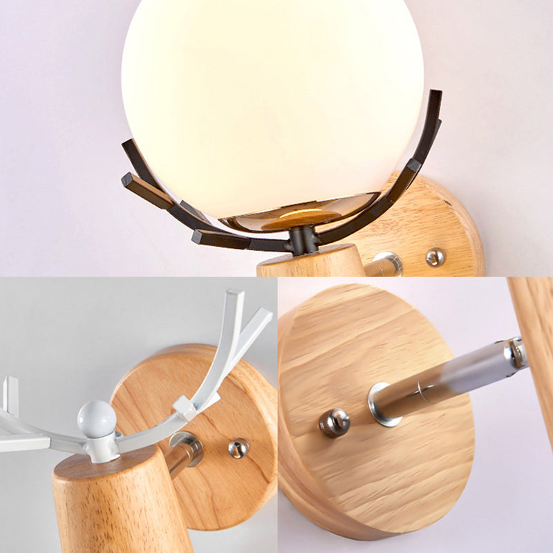 White Globe Sconce Light with Antlers Rustic Wood Glass Wall Lamp with Beige Base for Stair Clearhalo 'Modern wall lights' 'Modern' 'Wall Lamps & Sconces' 'Wall Lights' Lighting' 145207