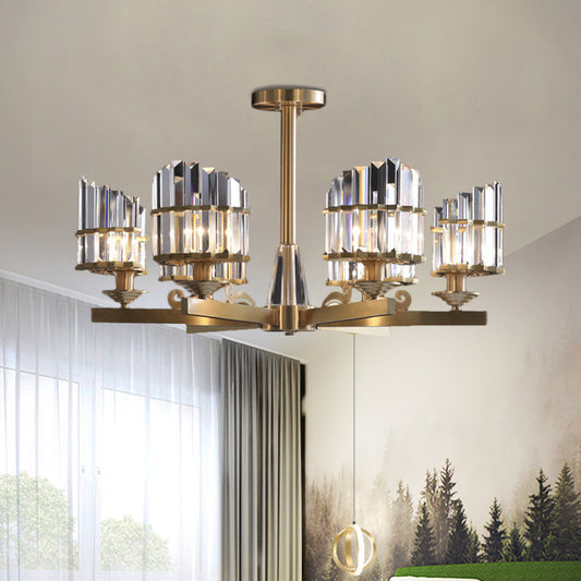 Postmodern 3/6 Bulbs Chandelier Lamp with Crystal Block Shade Half-Cylindrical Gold Radial Pendant Light Fixture 6 Gold Clearhalo 'Ceiling Lights' 'Close To Ceiling Lights' 'Close to ceiling' 'Semi-flushmount' Lighting' 1452386