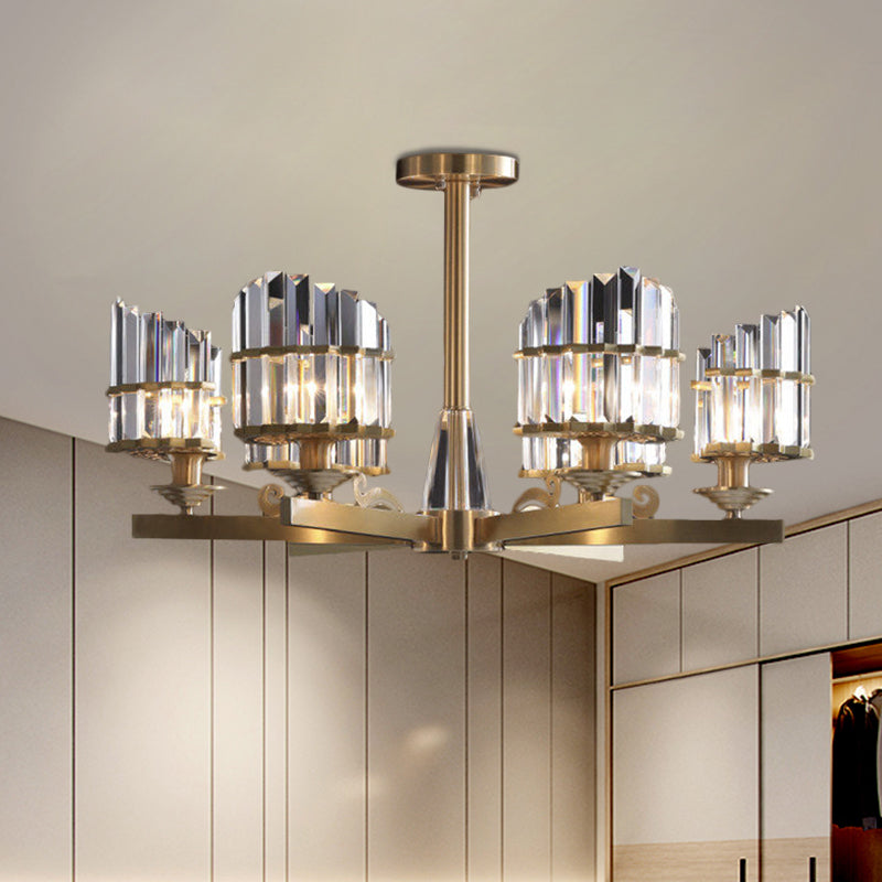 Postmodern 3/6 Bulbs Chandelier Lamp with Crystal Block Shade Half-Cylindrical Gold Radial Pendant Light Fixture Clearhalo 'Ceiling Lights' 'Close To Ceiling Lights' 'Close to ceiling' 'Semi-flushmount' Lighting' 1452387