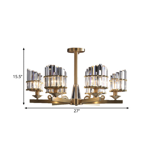 Postmodern 3/6 Bulbs Chandelier Lamp with Crystal Block Shade Half-Cylindrical Gold Radial Pendant Light Fixture Clearhalo 'Ceiling Lights' 'Close To Ceiling Lights' 'Close to ceiling' 'Semi-flushmount' Lighting' 1452389