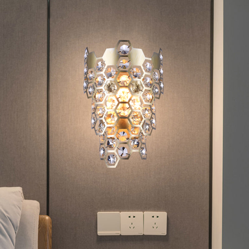 Contemporary Tapered Flush Wall Sconce 3 Bulbs Hexagon-Crystal Embedded Wall Mounted Light in Champagne Champagne Clearhalo 'Modern wall lights' 'Modern' 'Wall Lamps & Sconces' 'Wall Lights' Lighting' 1452390