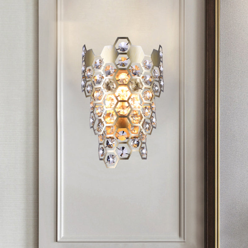 Contemporary Tapered Flush Wall Sconce 3 Bulbs Hexagon-Crystal Embedded Wall Mounted Light in Champagne Clearhalo 'Modern wall lights' 'Modern' 'Wall Lamps & Sconces' 'Wall Lights' Lighting' 1452391