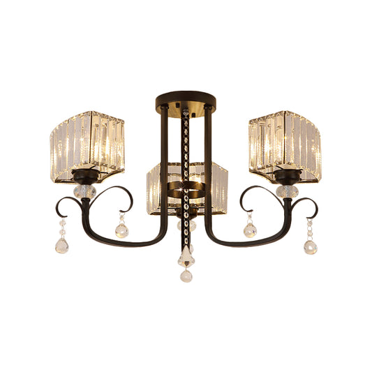 3/7 Heads Swirling Arm Semi Flush Modern Black Metal Close to Ceiling Lamp with Crystal Cuboid Shade Clearhalo 'Ceiling Lights' 'Close To Ceiling Lights' 'Close to ceiling' 'Semi-flushmount' Lighting' 1452413