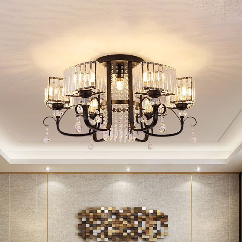 3/7 Heads Swirling Arm Semi Flush Modern Black Metal Close to Ceiling Lamp with Crystal Cuboid Shade Clearhalo 'Ceiling Lights' 'Close To Ceiling Lights' 'Close to ceiling' 'Semi-flushmount' Lighting' 1452416