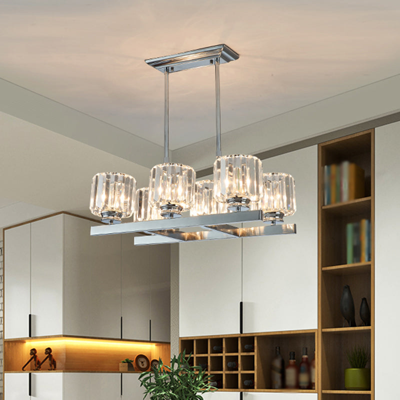 Chrome Parallel Island Light Fixture Modern Crystal Cylinder 6 Heads Dining Table Suspension Lamp Chrome Clearhalo 'Ceiling Lights' 'Island Lights' Lighting' 1452420