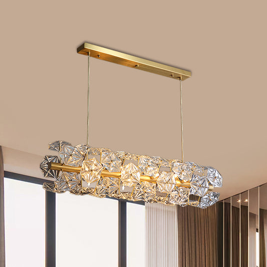 18 Bulbs Island Lighting Fixture Postmodern Restaurant Pendant Lamp with Horizontal Crystal Hexagon Shade in Brass Brass Clearhalo 'Ceiling Lights' 'Island Lights' Lighting' 1452424