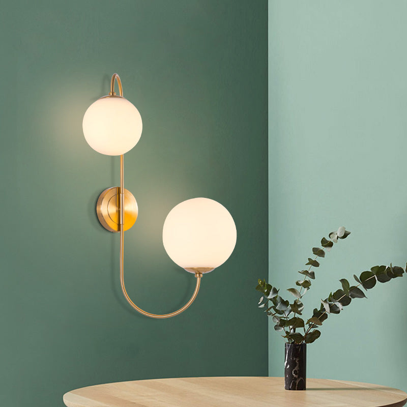 Ball Wall Sconce Light Contemporary Opal Glass 2 Lights Gold Wall Mount Lighting Clearhalo 'Cast Iron' 'Glass' 'Industrial' 'Modern wall lights' 'Modern' 'Tiffany' 'Traditional wall lights' 'Wall Lamps & Sconces' 'Wall Lights' Lighting' 145328