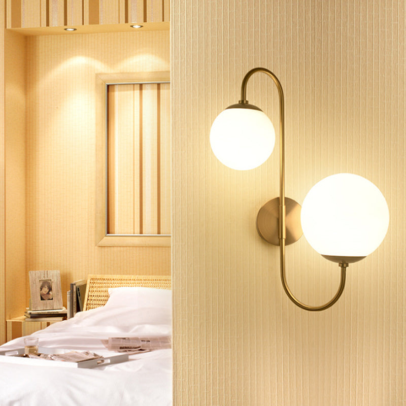 Ball Wall Sconce Light Contemporary Opal Glass 2 Lights Gold Wall Mount Lighting Gold Clearhalo 'Cast Iron' 'Glass' 'Industrial' 'Modern wall lights' 'Modern' 'Tiffany' 'Traditional wall lights' 'Wall Lamps & Sconces' 'Wall Lights' Lighting' 145329