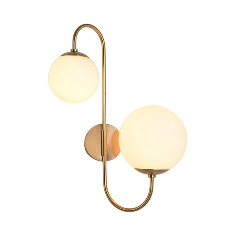 Ball Wall Sconce Light Contemporary Opal Glass 2 Lights Gold Wall Mount Lighting Clearhalo 'Cast Iron' 'Glass' 'Industrial' 'Modern wall lights' 'Modern' 'Tiffany' 'Traditional wall lights' 'Wall Lamps & Sconces' 'Wall Lights' Lighting' 145331
