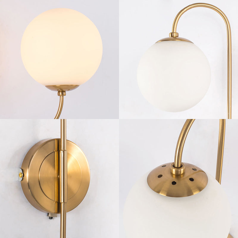 Ball Wall Sconce Light Contemporary Opal Glass 2 Lights Gold Wall Mount Lighting Clearhalo 'Cast Iron' 'Glass' 'Industrial' 'Modern wall lights' 'Modern' 'Tiffany' 'Traditional wall lights' 'Wall Lamps & Sconces' 'Wall Lights' Lighting' 145333