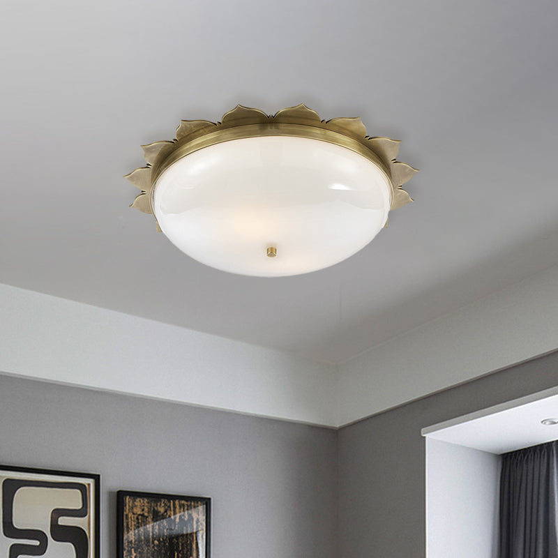 3 Heads Opal Glass Ceiling Light Colonialist Gold Bowl Shape Bedroom Flush Mount Recessed Lighting Clearhalo 'Ceiling Lights' 'Close To Ceiling Lights' 'Close to ceiling' 'Flush mount' Lighting' 1454121