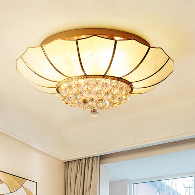 Milky Glass Scalloped Flush Light Colonialist 4/6 Lights Bedroom Flush Mount with Clear Crystal Ball Clearhalo 'Ceiling Lights' 'Close To Ceiling Lights' 'Close to ceiling' 'Flush mount' Lighting' 1454125