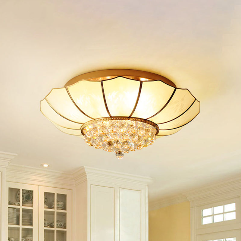 Milky Glass Scalloped Flush Light Colonialist 4/6 Lights Bedroom Flush Mount with Clear Crystal Ball 6 Gold Clearhalo 'Ceiling Lights' 'Close To Ceiling Lights' 'Close to ceiling' 'Flush mount' Lighting' 1454126