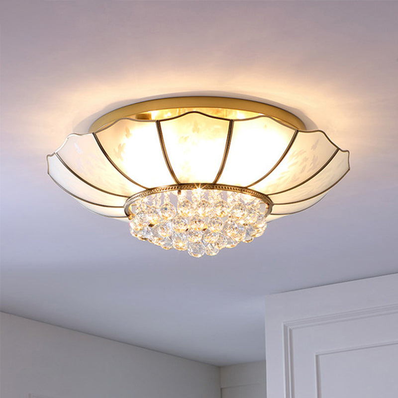 Milky Glass Scalloped Flush Light Colonialist 4/6 Lights Bedroom Flush Mount with Clear Crystal Ball Clearhalo 'Ceiling Lights' 'Close To Ceiling Lights' 'Close to ceiling' 'Flush mount' Lighting' 1454127