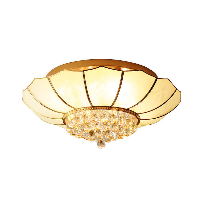 Milky Glass Scalloped Flush Light Colonialist 4/6 Lights Bedroom Flush Mount with Clear Crystal Ball Clearhalo 'Ceiling Lights' 'Close To Ceiling Lights' 'Close to ceiling' 'Flush mount' Lighting' 1454128