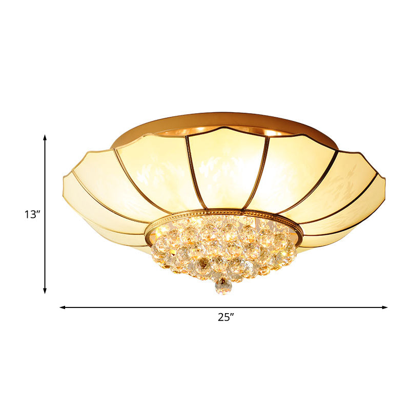 Milky Glass Scalloped Flush Light Colonialist 4/6 Lights Bedroom Flush Mount with Clear Crystal Ball Clearhalo 'Ceiling Lights' 'Close To Ceiling Lights' 'Close to ceiling' 'Flush mount' Lighting' 1454129