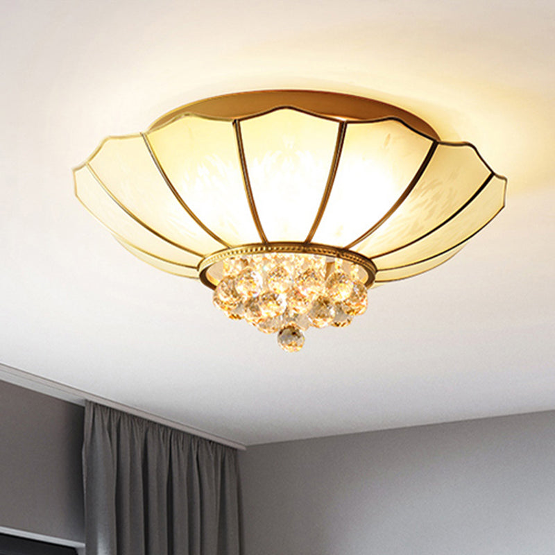 Milky Glass Scalloped Flush Light Colonialist 4/6 Lights Bedroom Flush Mount with Clear Crystal Ball Clearhalo 'Ceiling Lights' 'Close To Ceiling Lights' 'Close to ceiling' 'Flush mount' Lighting' 1454130