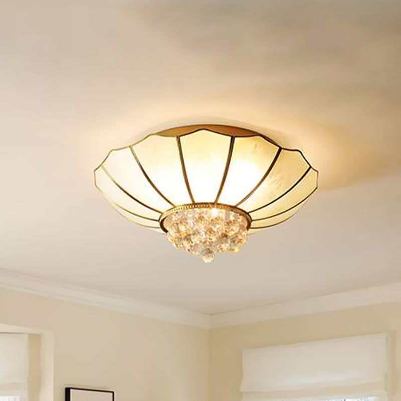 Milky Glass Scalloped Flush Light Colonialist 4/6 Lights Bedroom Flush Mount with Clear Crystal Ball 4 Gold Clearhalo 'Ceiling Lights' 'Close To Ceiling Lights' 'Close to ceiling' 'Flush mount' Lighting' 1454131