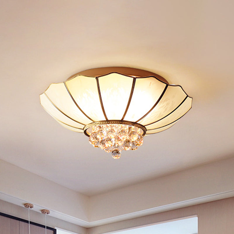 Milky Glass Scalloped Flush Light Colonialist 4/6 Lights Bedroom Flush Mount with Clear Crystal Ball Clearhalo 'Ceiling Lights' 'Close To Ceiling Lights' 'Close to ceiling' 'Flush mount' Lighting' 1454132