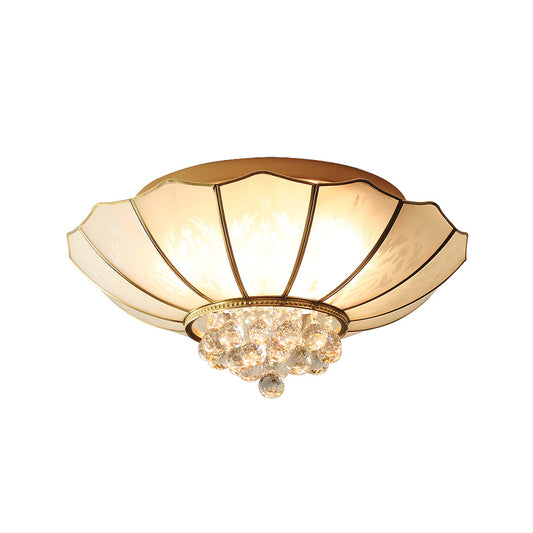 Milky Glass Scalloped Flush Light Colonialist 4/6 Lights Bedroom Flush Mount with Clear Crystal Ball Clearhalo 'Ceiling Lights' 'Close To Ceiling Lights' 'Close to ceiling' 'Flush mount' Lighting' 1454133