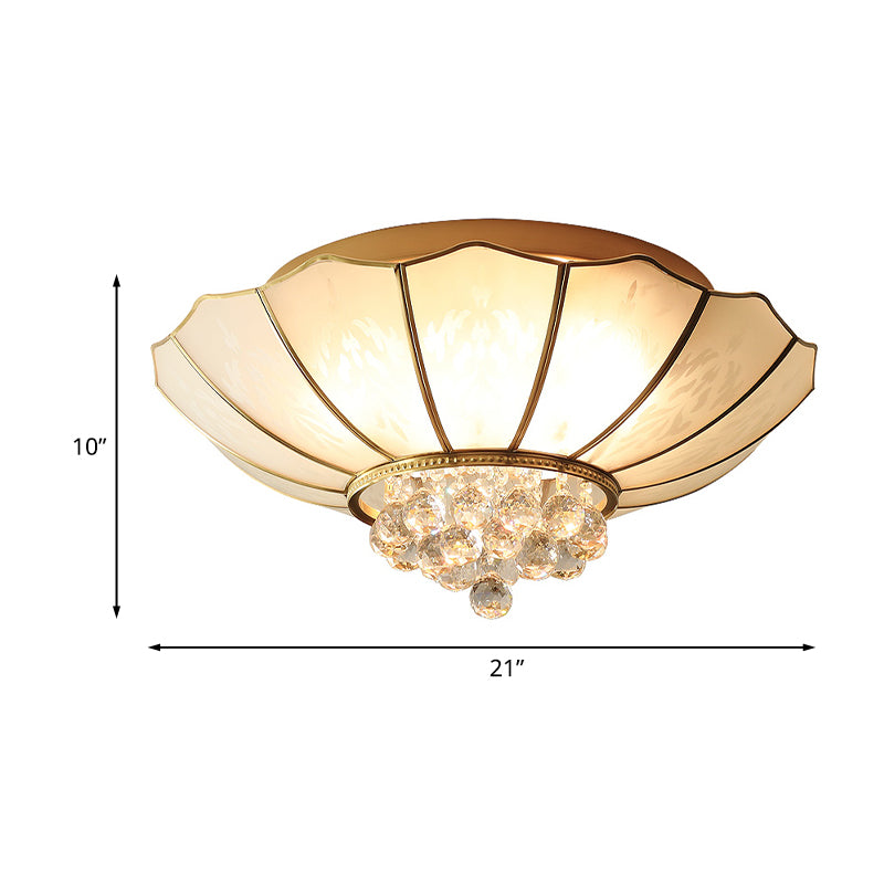 Milky Glass Scalloped Flush Light Colonialist 4/6 Lights Bedroom Flush Mount with Clear Crystal Ball Clearhalo 'Ceiling Lights' 'Close To Ceiling Lights' 'Close to ceiling' 'Flush mount' Lighting' 1454134