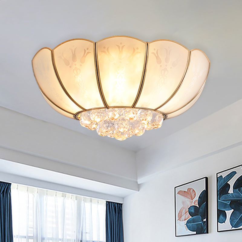 Ivory Glass Scallop Ceiling Fixture Colonialism 4/6 Bulbs Bedroom Flush Mount Lighting in Gold with Crystal Ball Clearhalo 'Ceiling Lights' 'Close To Ceiling Lights' 'Close to ceiling' 'Flush mount' Lighting' 1454135