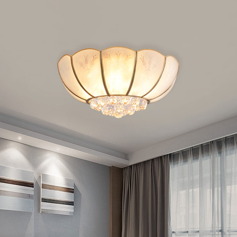 Ivory Glass Scallop Ceiling Fixture Colonialism 4/6 Bulbs Bedroom Flush Mount Lighting in Gold with Crystal Ball 4 Gold Clearhalo 'Ceiling Lights' 'Close To Ceiling Lights' 'Close to ceiling' 'Flush mount' Lighting' 1454136