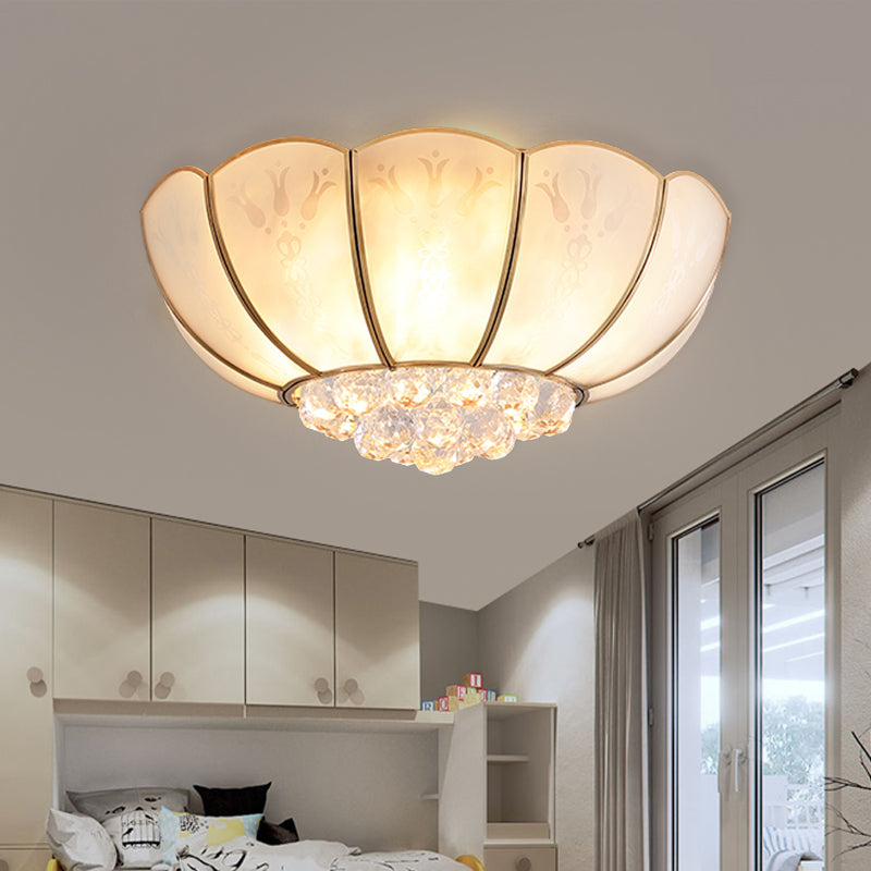 Ivory Glass Scallop Ceiling Fixture Colonialism 4/6 Bulbs Bedroom Flush Mount Lighting in Gold with Crystal Ball Clearhalo 'Ceiling Lights' 'Close To Ceiling Lights' 'Close to ceiling' 'Flush mount' Lighting' 1454137