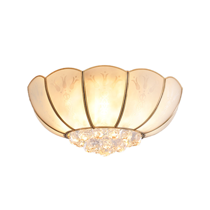 Ivory Glass Scallop Ceiling Fixture Colonialism 4/6 Bulbs Bedroom Flush Mount Lighting in Gold with Crystal Ball Clearhalo 'Ceiling Lights' 'Close To Ceiling Lights' 'Close to ceiling' 'Flush mount' Lighting' 1454138