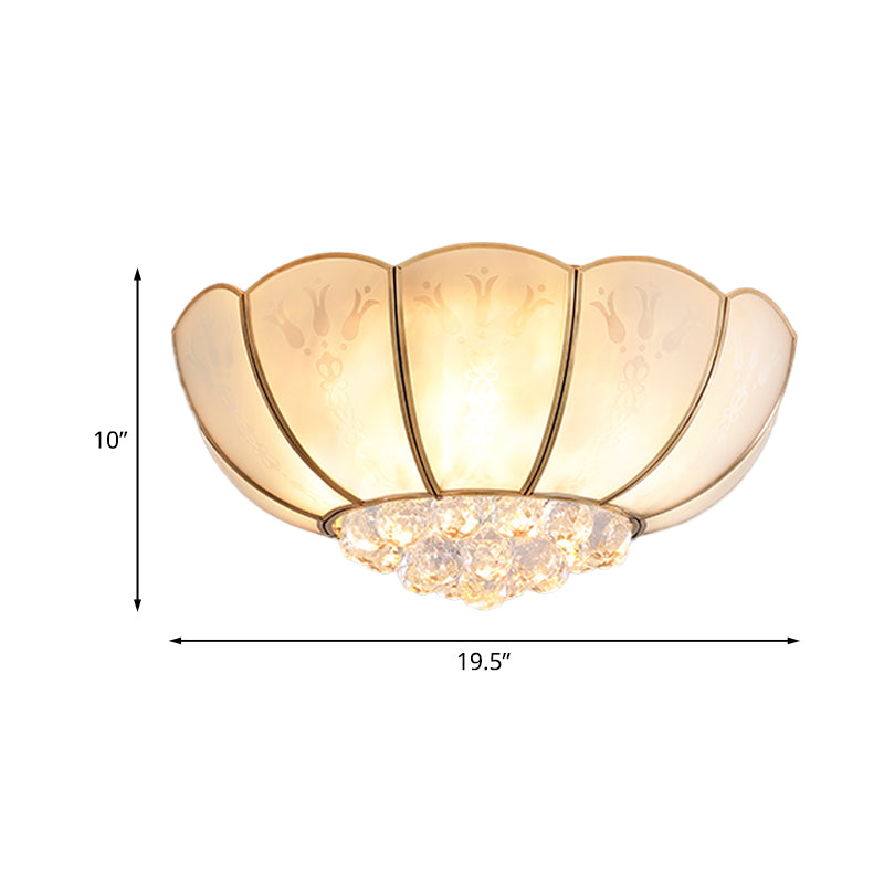 Ivory Glass Scallop Ceiling Fixture Colonialism 4/6 Bulbs Bedroom Flush Mount Lighting in Gold with Crystal Ball Clearhalo 'Ceiling Lights' 'Close To Ceiling Lights' 'Close to ceiling' 'Flush mount' Lighting' 1454139