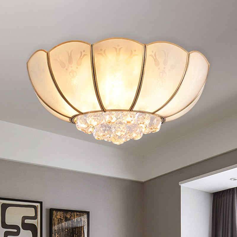 Ivory Glass Scallop Ceiling Fixture Colonialism 4/6 Bulbs Bedroom Flush Mount Lighting in Gold with Crystal Ball Clearhalo 'Ceiling Lights' 'Close To Ceiling Lights' 'Close to ceiling' 'Flush mount' Lighting' 1454140